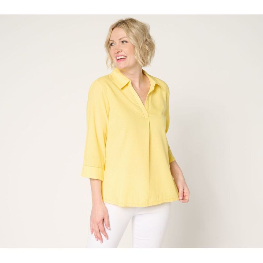 Top Knot Women's Plus Sz 1X Denim & Co. Soft Linen Blend Print or Yellow A687470